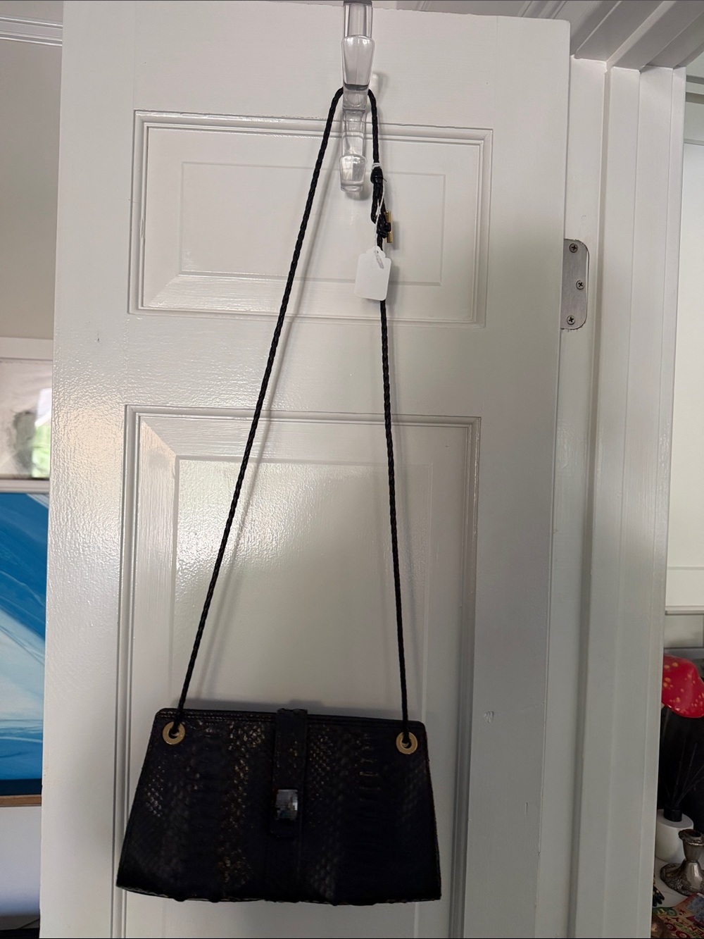 Loro Piamo Snakeskin Embossed Black Shoulder Bag with Braided Strap